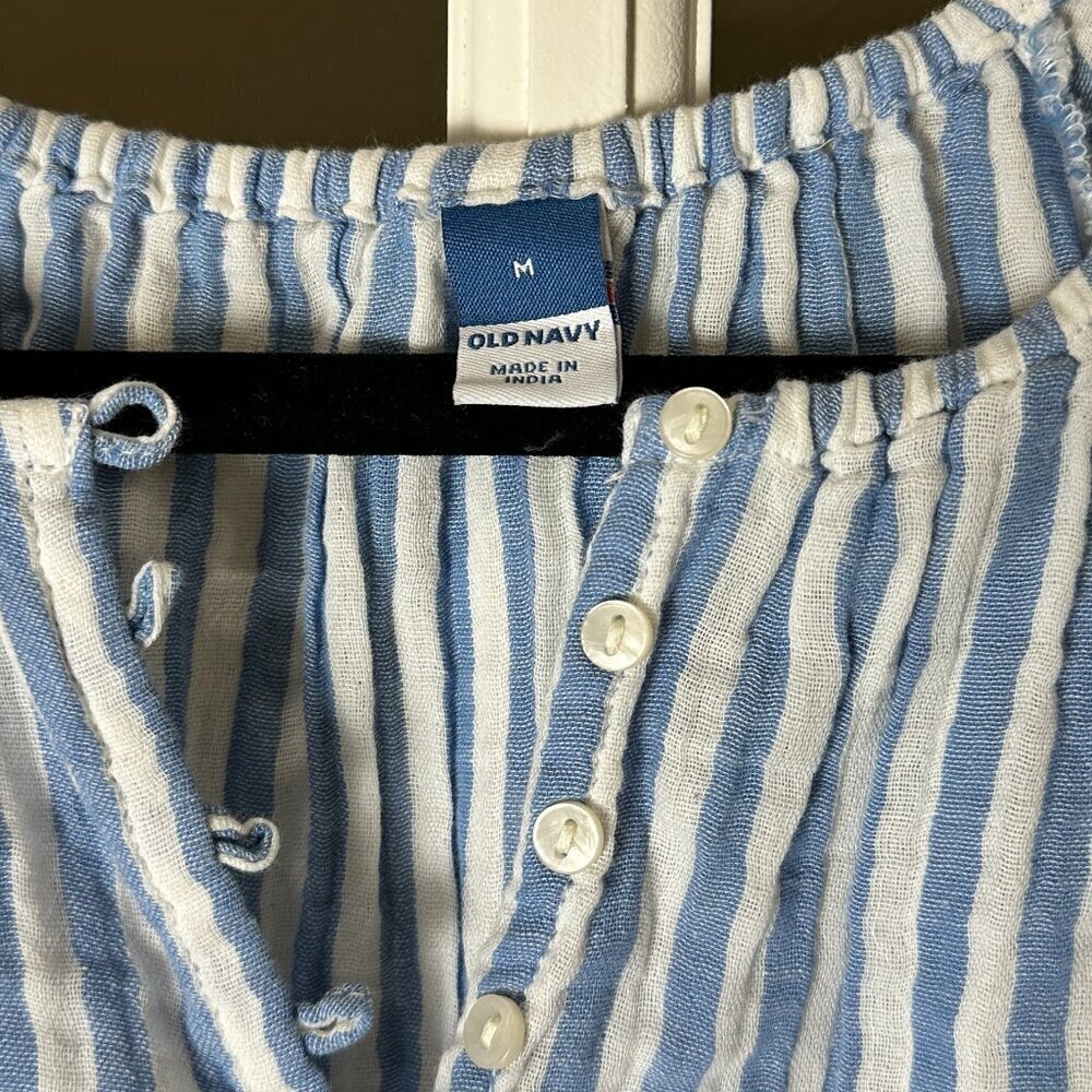 NWT OLD NAVY Linen Blend Striped Button Neck Top Blouse Size Medium - Picture 3 of 7